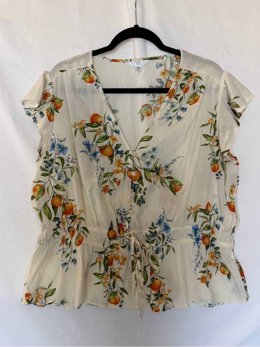Time and Tru Cream Blouse with Orange & Blue Floral Print